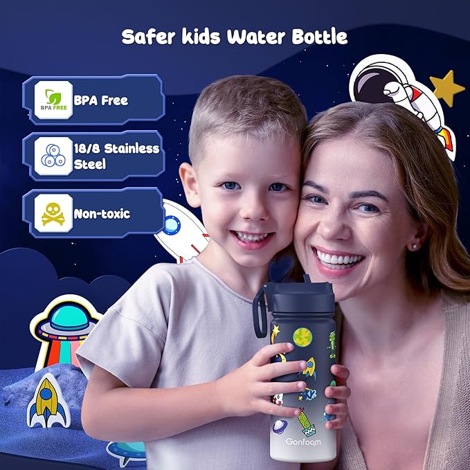 Kids Water Bottle, 16oz Kids Water Bottle with Stickers for School, insulated Stainless Steel Straw Cup(Blue/Gray)