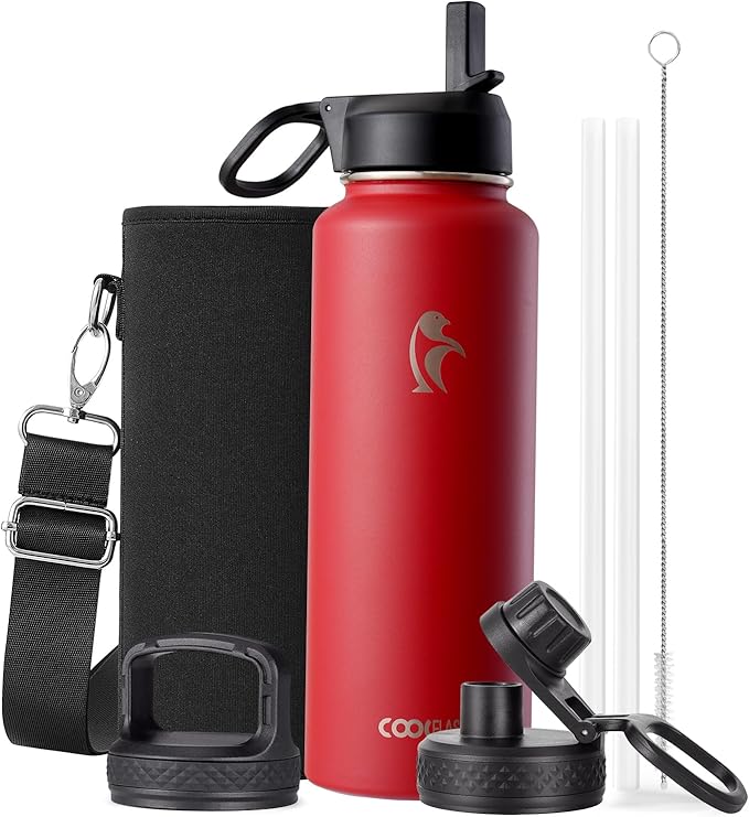 Coolflask Water Bottle 40 oz Insulated with Straw, Stainless Steel Metal 3 Lids Water Flask for Sports or Office, Keep Cold 48H Hot 24H, Red