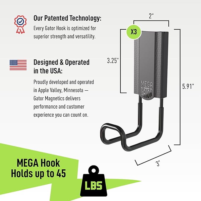 GATOR MAGNETICS MEGA 3 in Closed Hooks, 45 lb Heavy Duty Magnetic Hooks for Steel Surfaces, Patented Easy-Release, Non-Slip Grip – Storage & Organization, Garage, Home Tools & Gear Storage – 3 Pack