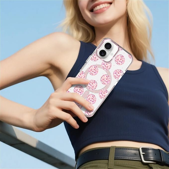 Case for iPhone 16 Plus,[Compatible with MagSafe],Disco Balls Pink Phone Case Design，for Women Girls Magnetic Clear Cover - Slim, Sleek, & Shockproof Protection