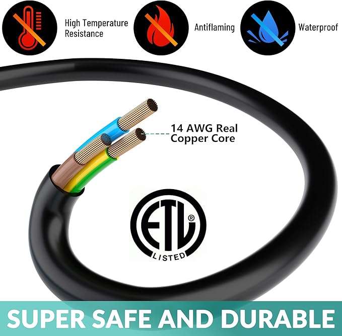Outdoor Extension Cord 2 Ft with 3 Outlets, 14/3 SJTW 3 Prong Grounded Power Cord, 14 Gauge 14AWG Heavy Duty Power Cable, ETL Listed, 15 Amp 125 V 1875 W-Multiple Outlets for Indoor/Outdoor-Black