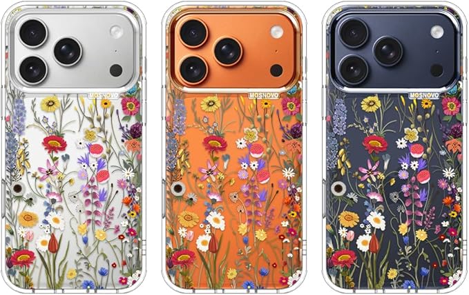 MOSNOVO for iPhone 17 Pro Case | Military Grade 6.6ft Drop Tested | Camera Control | Clear with Wildflower Meadow Design