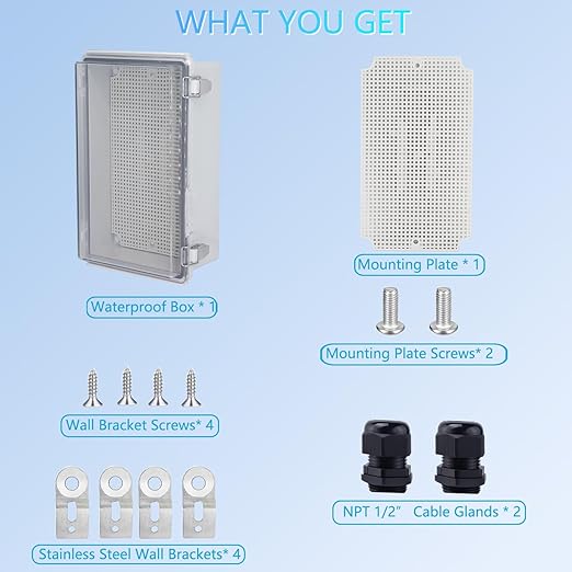 IP67 Waterproof Junction Box, ABS Plastic Electrical Enclosure with Stainless Steel Latch, Hinged Cover Electric Box with Mounting Plate, Wall Brackets & Cable Glands 260x160x100mm