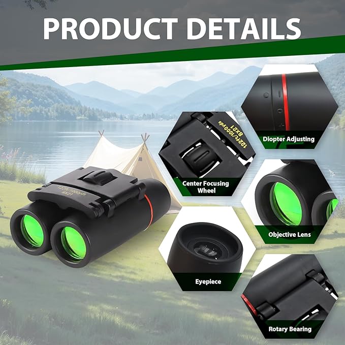 Binoculars for Adults and Kids, High Powered Portable & Compact Binoculars, for Bird Watching, Cruise Ship, Travel, Hunting Essentials (Black, 8×21)