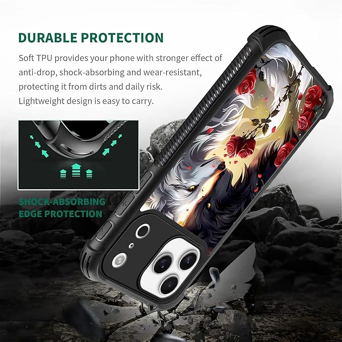 for iPhone 17 Pro Max Case,for MagSafe Graphic Design for Girl Boy Soft Silicone Hard Acrylic Shock Protection Designed for iPhone 17 Pro Max Black White Wolf Moon Flower Rose Pattern