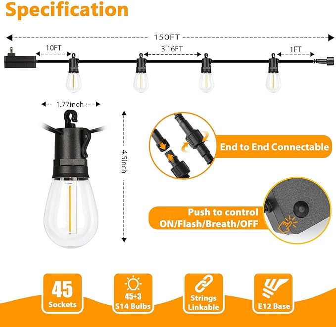 LED Outdoor String Lights, 150FT Waterproof Patio Light with Remote & 48 Shatterproof Dimmable S14 Edison Bulbs(3 Spare), 3 Modes 2 Timer Outside Garden Lighting for Balcony, Porch, Party, Christmas