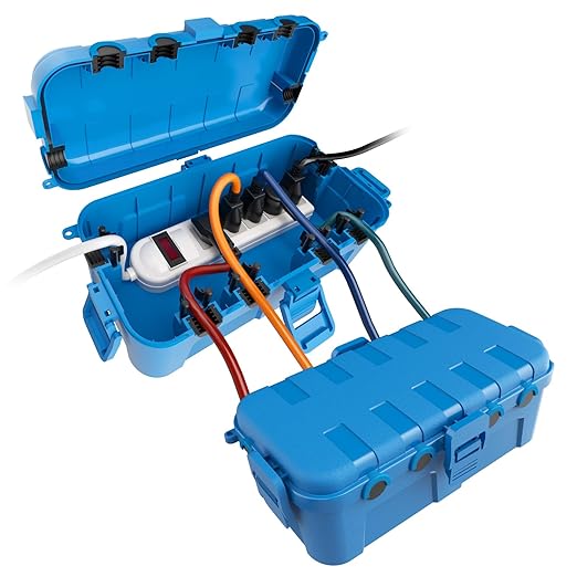 Flemoon [2 Pack] Outdoor Electrical Box Waterproof, Medium Weatherproof Electrical Box (11.5x5.2x4 inch) w/6 Cable Entry Ports, Extension Cord Cover for Power Strip, Timer, Plug, Holiday Light, Blue