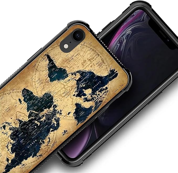 for iPhone XR Case, Brown World Map Pattern Graphic Design Girl Boy Soft Silicone Hard Acrylic Shock Protection for iPhone XR