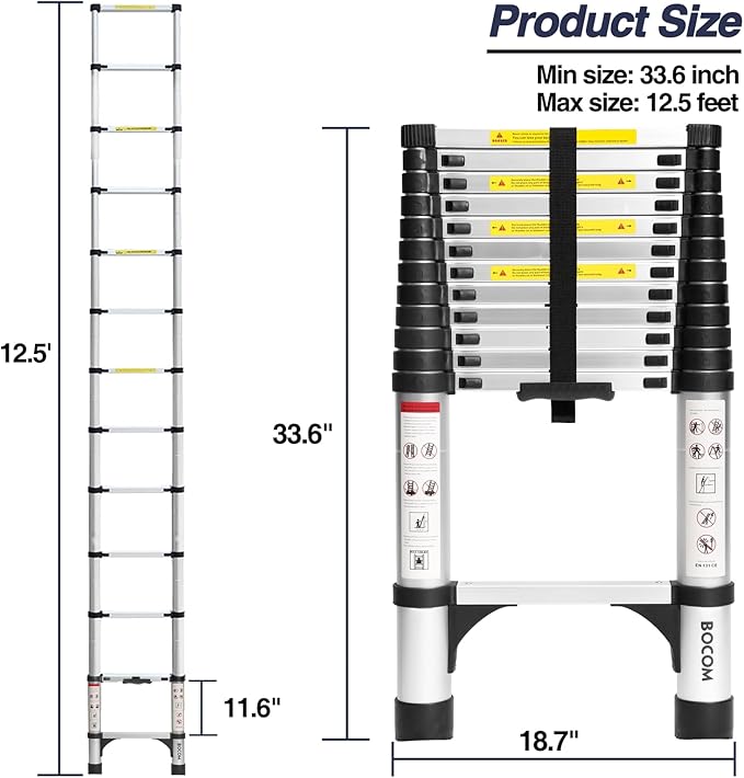 BOCOM 12.5 FT Aluminum Telescoping Ladder, Lightweight Multi-Purpose Collapsible Extension with 2 Triangle Stabilizers, Heavy Duty 330 lbs Max Capacity, Ideal for Home, RV, and Outdoor Work Silver