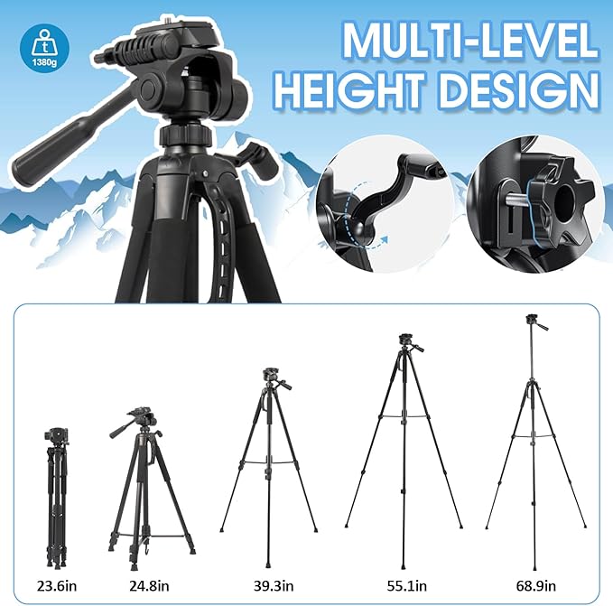 Tripod Stand for Camera & Cell Phone,68” Professional Stand with Carry Bag and Phone Holder,Sturdy & Stable Height Adjustable Multi-Angle Shot Selfie Stick Tripod,Max Load 11Lb(Black)