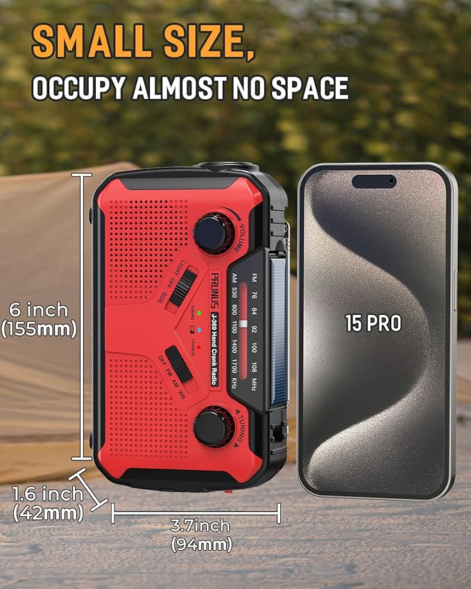 PRUNUS J-369 11100mWh Emergency Weather Radio, AA Batteries/Hand Crank/Solar/USB Charging, NOAA/AM/FM, LED Flashlight and Reading Lamp,SOS Alarm & Flashlight Portable