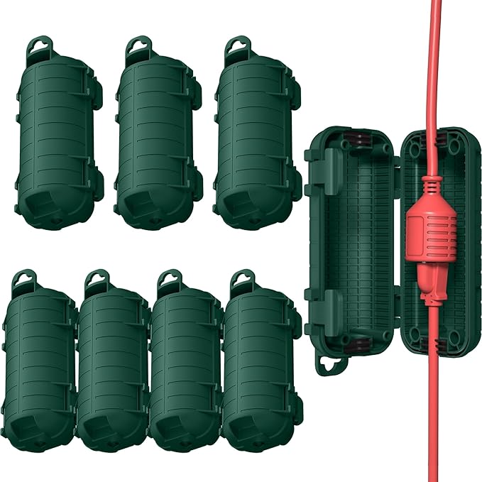 Extension Cord Cover Outdoor, 8 Pack IP54 Water-Resistant Power Cord Protector Electrical Connection Box Outside Weatherproof Cable Safety Cover for Electronics Plug Outlet Tool Holiday Light, Green