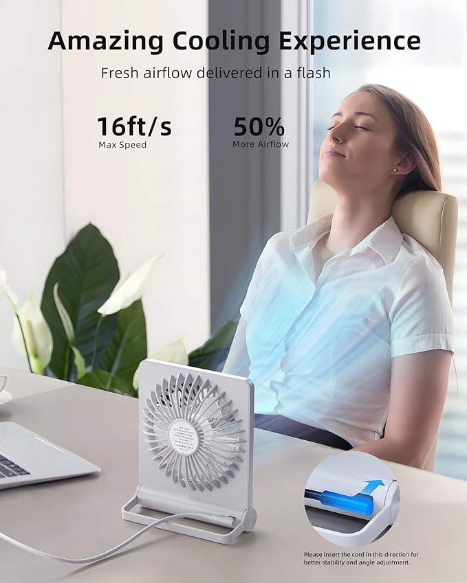 Koonie USB Fan, Strong Wind Quiet Small Desk Fan 220° Tilt Folding 3 Speeds Adjustable USB-C Powered Personal Fan for Home Office Desktop, White, NO BATTERY