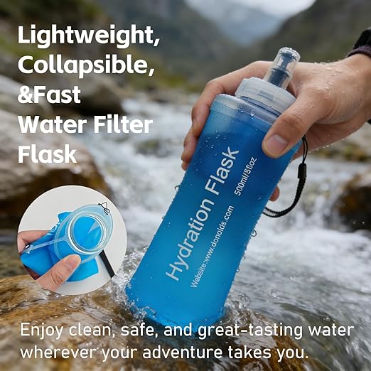 AXEN Collapsible Water Bottle with Filter System, Soft Hydration Flask for Trail Running, Camping, Hiking, Cycling, 500ml Blue