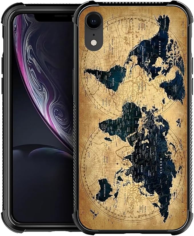 for iPhone XR Case, Brown World Map Pattern Graphic Design Girl Boy Soft Silicone Hard Acrylic Shock Protection for iPhone XR