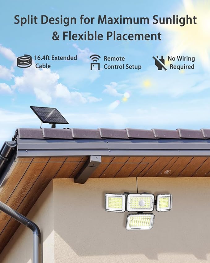 CLAONER Solar Outdoor Lights Motion Sensor 3500LM 288 LED Solar Security Lights with Remote Control IP67 Waterproof 4 Heads Flood Lights with 16.4ft Cable 4 Modes Wall Lights(4 Pack)