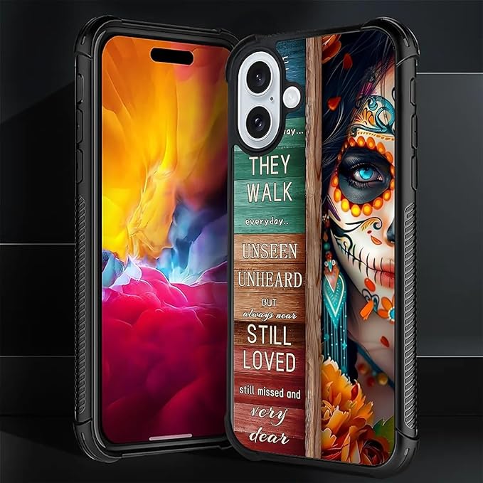 for iPhone 16 Case, Sugar Skull Day of Death Halloween Pattern Graphic Design Girl Boy Soft Silicone Hard Acrylic Shock Protection for iPhone 16