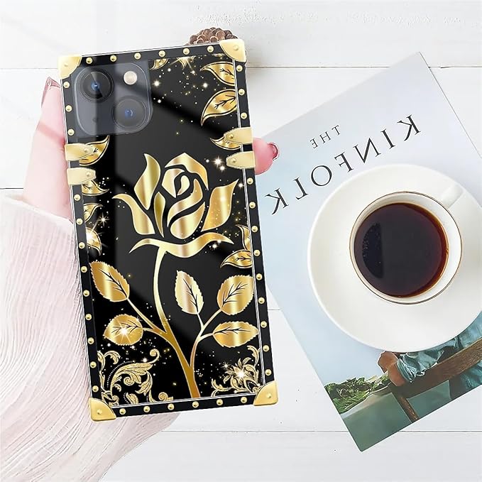 Compatible with iPhone 14 Case, Shine Gold Rose Luxury Golden Decoration for Girl Women Soft TPU Shockproof Protective Hard PC Back for iPhone 14