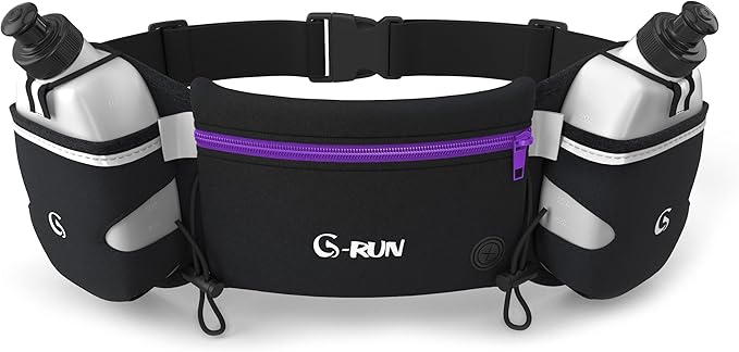 Q-RUN Hydration Running Belt with Bottles - Water Belts for Woman and Men - iPhone Belt for Any Phone Size - Fuel Marathon Waist Pouch for Runners - Jogging Cycling Biking, Purple