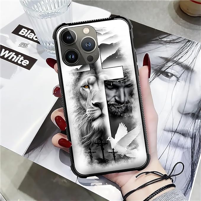 for iPhone 14 Pro Max Case, Lion Cross Jesus Christ Dove Pattern Graphic Design Girl Boy Soft Silicone Hard Acrylic Shock Protection for iPhone 14 Pro Max