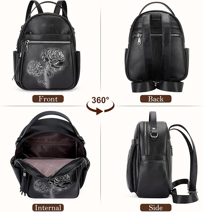 Mini Backpack Purse for Women,Embossed Leather Small Backpack Fashion Travel Backpacks Daypacks Shoulder Handbag (BLACK-Flower)