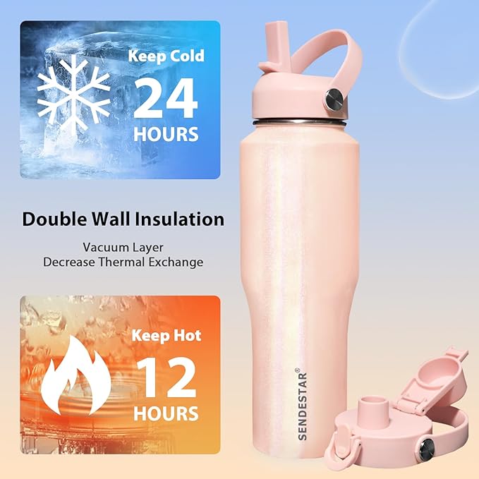 SENDESTAR Water Bottle,Wide Mouth Stainless Steel Vacuum Insulated Double Wall Keep Liquids Cold or Hot All Day,Sweat Proof Sport Design,Fit Car Cup Holder,Buling Buling Pink,40 Ounces