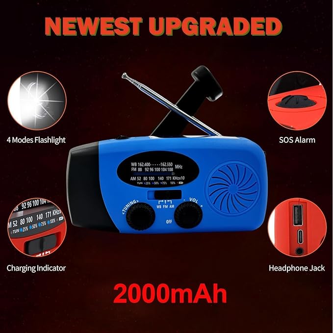 2000mAh Weather Emergency Radio, Portable Solar AM/FM/NOAA Hand Crank Radio, Cell Phone Charger with SOS, 1W LED Flashlight, Headphone Jack, Power for Emergency Preparedness
