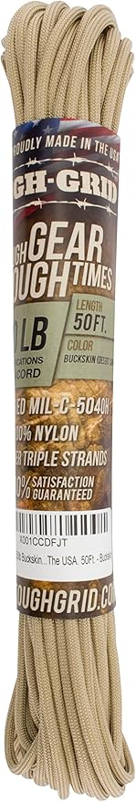 TOUGH-GRID 550 Paracord, Type III Mil-Spec Nylon Rope - 50 Ft Buckskin Tactical Survival Cord