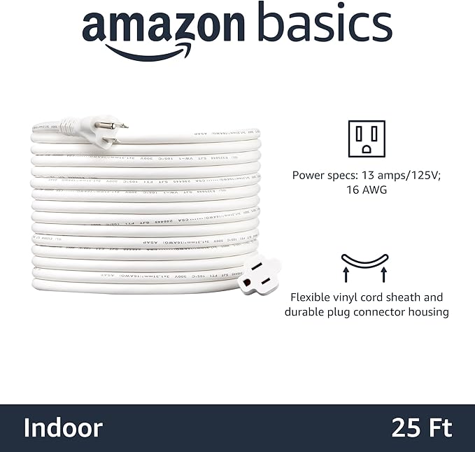 Amazon Basics Extension Cord, 25 Ft, 3 Prong Outlet Extender, Indoor Power Cord, 13 Amps, 125V, White