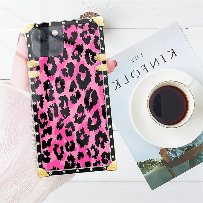 Compatible with iPhone 15 Case, Pink Black Leopard Luxury Golden Decoration for Girl Women Soft TPU Shockproof Protective Hard PC Back for iPhone 15