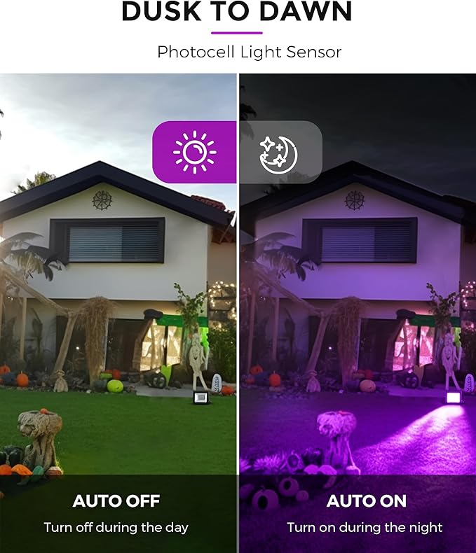 L LOHAS LED Orange and Purple Christmas Halloween Flood Light Outdoor, 2 Pack 𝑨𝒖𝒕𝒐 𝑶𝑵/𝑶𝑭𝑭 50W Plug in Flood Light, IP66 Waterproof, 2300lm Outdoor Flood Lights for Yard, Party, UL Listed