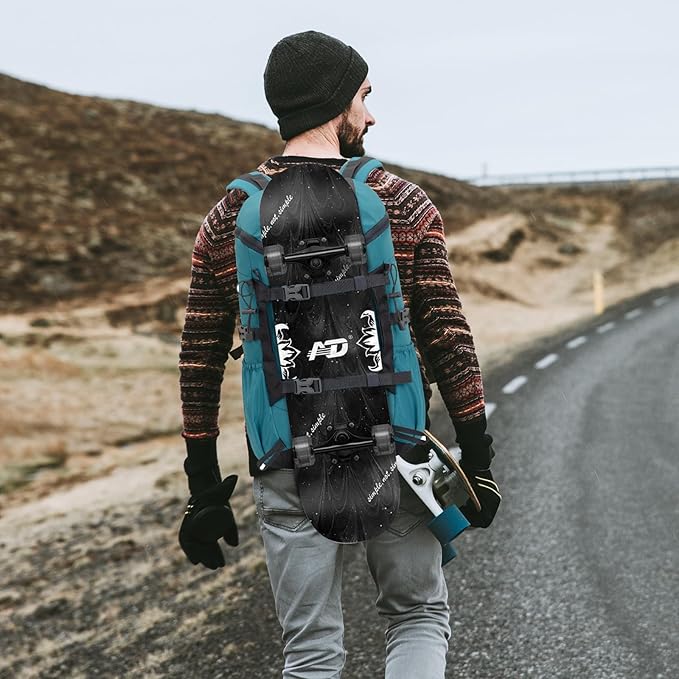 30L Skateboard Backpack for Men Women, Waterproof Hiking Backpack with Chest Strap for Camping Hunting, Lightweight Casual Travel Daypack for Skateboard Sport Outdoor, Blue