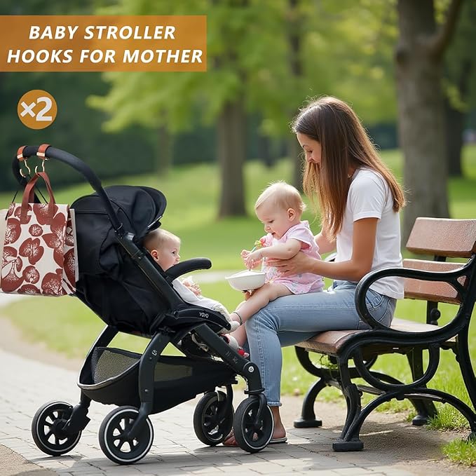 2 Pack Stroller Hooks,Strong Synthetic Leather Hook-and-Loop Fastener&High-Quality Metal Hooks,Universal Bag Clip|360° Rotation, 66lb Capacity,Non-Slip-Fits Wheelchair(Brown-Silver)