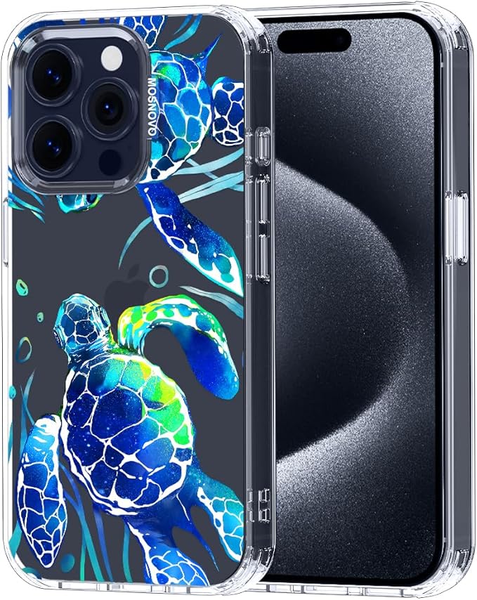MOSNOVO Case for iPhone 15 Pro, [Buffertech 6.6ft Military-Grade Drop Protection] [Anti Peel Off Tech] Clear TPU Bumper Phone Case Cover Design - Sea Turtles