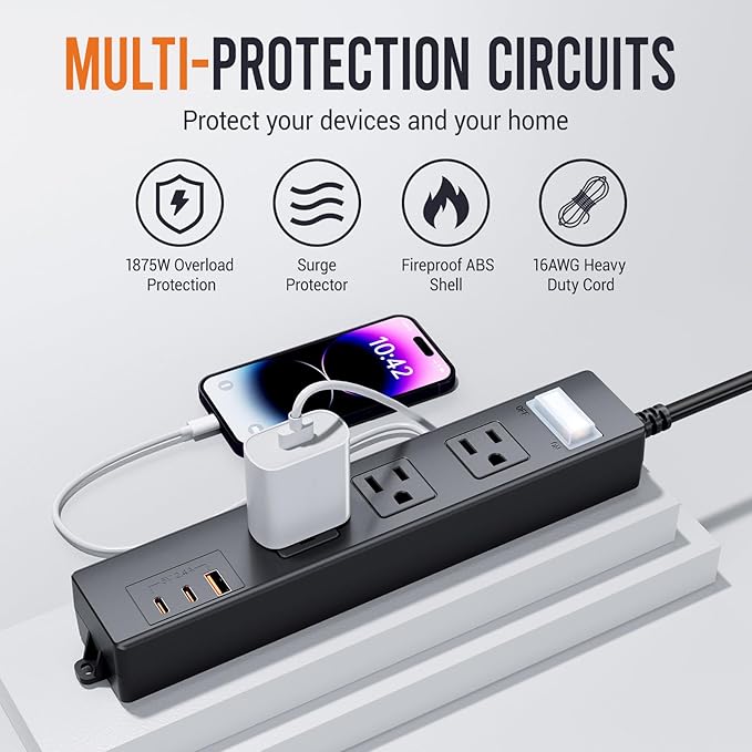 15FT Outdoor Waterproof Power Strip Surge Protector with 3AC Outlets 2 USB-C 1 USB-A Power Switch Safety Lock, ETL Certified for Patio Garden Charging