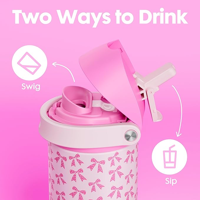 18 oz Kids Water Bottle for School: Meoky 18 oz Stainless Steel Insulated Water Bottle with 2-in-1 Straw and Spout Lid - Leak Proof, Fits in Car Cup Holder, BPA-Free for Teen Girls, Pink Bows