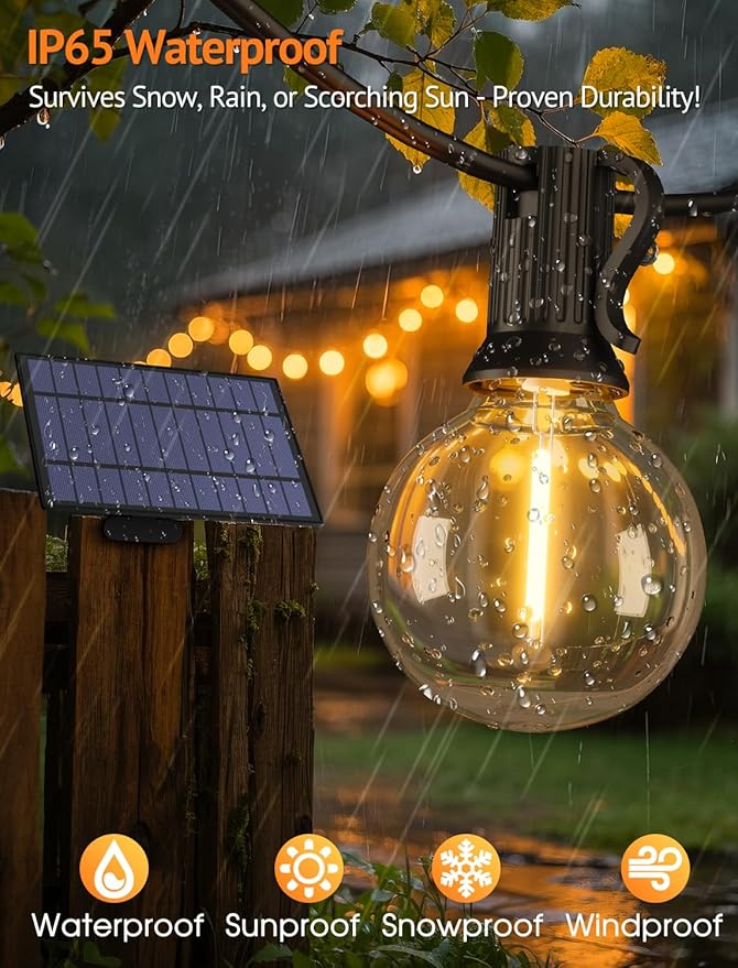 Larkvue 25FT Solar String Lights Outdoor with Remote, Waterproof Dimmable 3 Modes Patio Lights with 10+1 LED Shatterproof G40 Bulbs for Backyard-Black