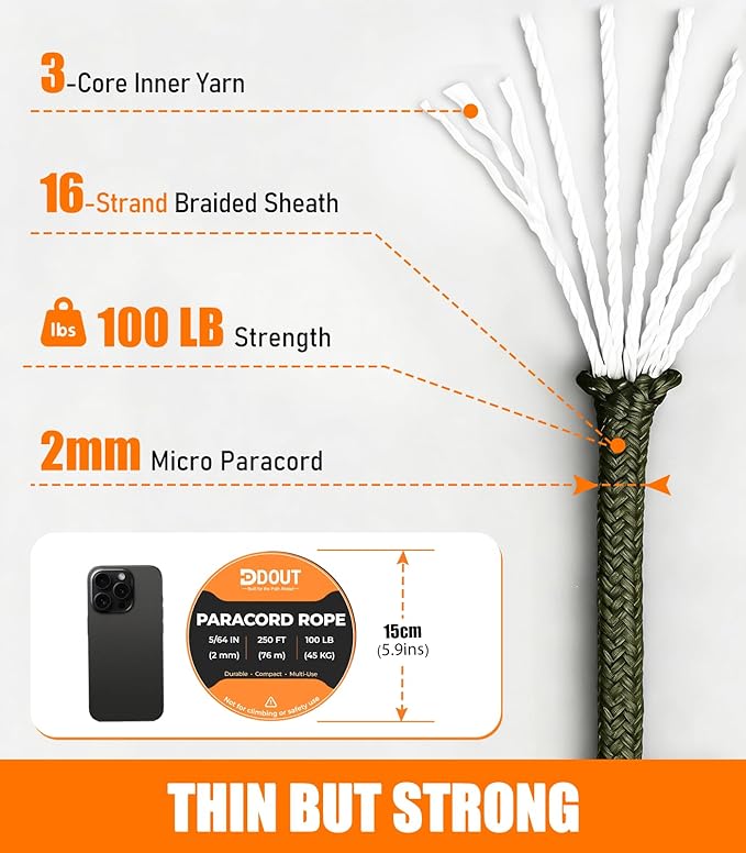 DDOUT 2mm Paracord 100lb, Thin Micro Paracord Rope, Green 250FT Nylon Cord for Crafting, DIY Projects, Fishing, Camping & Outdoor