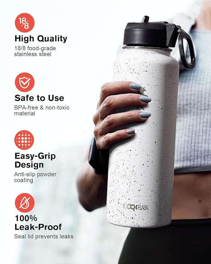 Coolflask Water Bottle 40 oz Insulated with Straw, Stainless Steel Metal 3 Lids Water Flask for Sports or Office, Keep Cold 48H Hot 24H, Arctic White