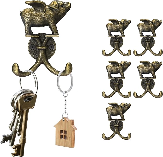 Cute Flying Pig Decorative Wall Double Hook for Hanging Coat Keys Hats Towel Small Vintage Zinc Alloy Multi-Purpose Hook for Farmhouse Bathroom Kitchen Kids Room (Bronze 6Pcs)