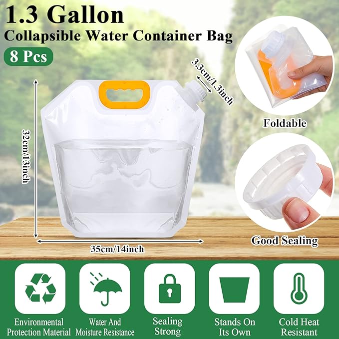 Tessco for you 8 Pack 1.3 Gallon Collapsible Water Storage Bag Water Container Emergency Jug Plastic Storage Pouch Freezable Carrier Tank Foldable Bottle for Outdoor Sport Camping (Clear)