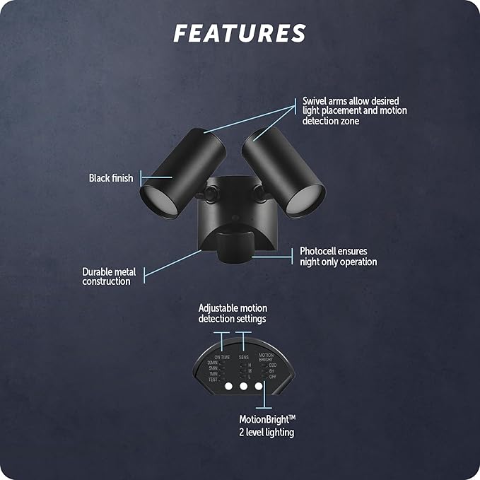 Globe Electric 180-Degree 22W Twin Head Black Hardwired Motion Activated Diecast Architectural Security Light, Spotlight, Outdoor, Outside House Lights