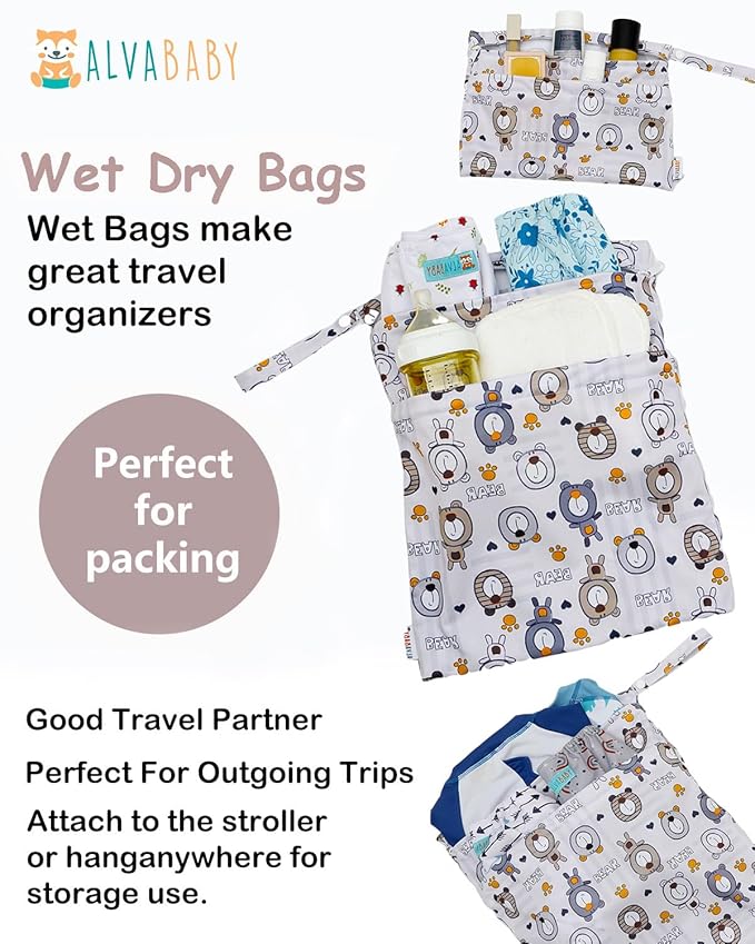 ALVA ALVABABY 3pcs Cloth Diaper Wet Dry Bags Waterproof Reusable with Two Zippered Pockets Travel Beach Pool Daycare Soiled Baby Items Yoga Gym Bag for Swimsuits or Wet Clothes 3L-SML11