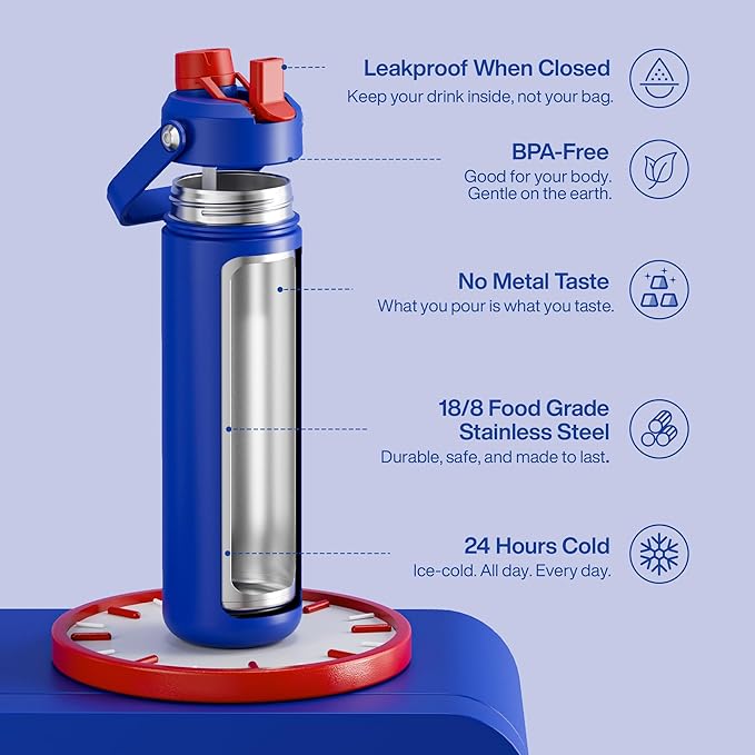 ENCOOL Insulated Water Bottle with Straw Stainless Steel Water Bottle, Leak-Proof, BPA-Free, Double Wall Vacuum Keeps Cold for 24 Hours for Sports, Travel, School (26 oz, Beaucoup Blue)