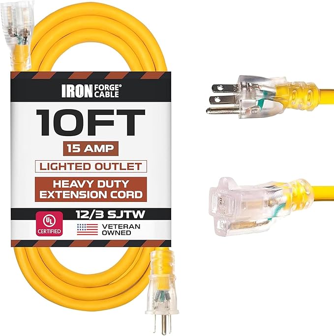 Iron Forge Cable 10 Foot Lighted Outdoor Extension Cord - 12/3 SJTW Heavy Duty Yellow Extension Cable with 3 Prong 15 AMP Grounded Plug for Safety