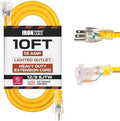 Iron Forge Cable 10 Foot Lighted Outdoor Extension Cord - 12/3 SJTW Heavy Duty Yellow Extension Cable with 3 Prong 15 AMP Grounded Plug for Safety