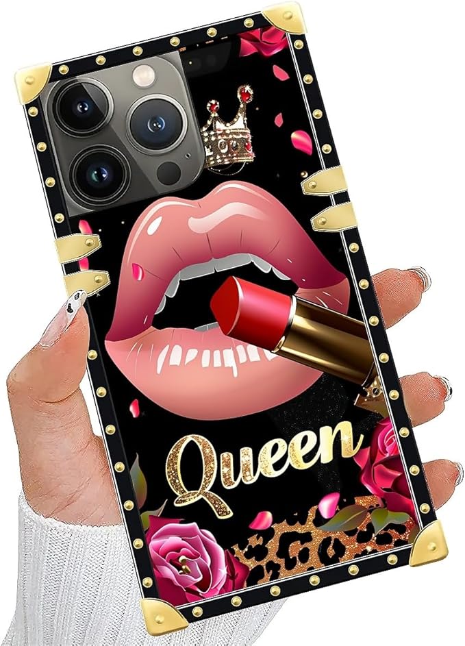 Compatible with iPhone 13 Pro Case, Glitter Red Rose Queen Leopard Lipstick Luxury Golden Decoration for Girl Women Soft TPU Shockproof Protective Hard PC Back for iPhone 13 Pro