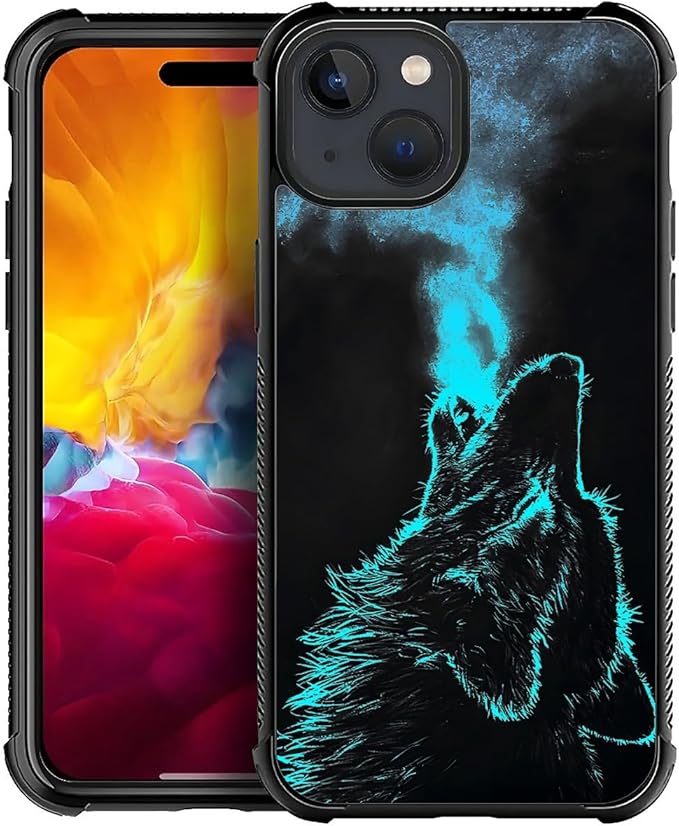 for iPhone 15 Case, Blue Breathing Wolf Pattern Graphic Design Girl Boy Soft Silicone Hard Acrylic Shock Protection for iPhone 15