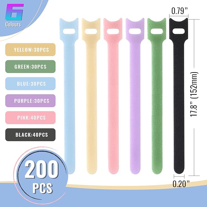 200PCS Cable Ties, 6 inch Multi-Colour Cable Ties for Cable Management, Adjustable Fastening, Multi-Purpose Reusable Hook and Loop for Home, Office and Garage