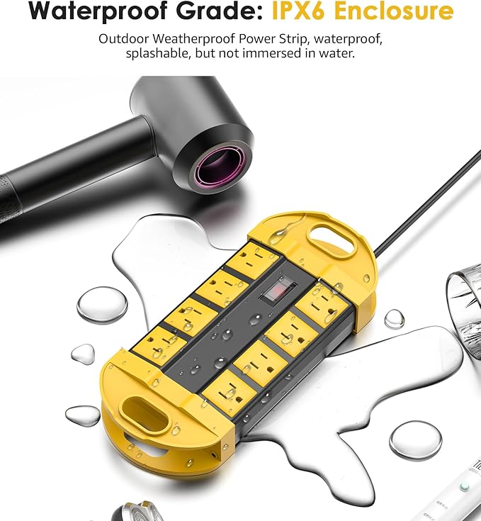 CCCEI Outdoor Power Strip Weatherproof with 8 Plug, Waterproof Extension Cord with Multiple Outlets, Christmas Exterior Garden Yard Surge Protector 25FT, Yellow.